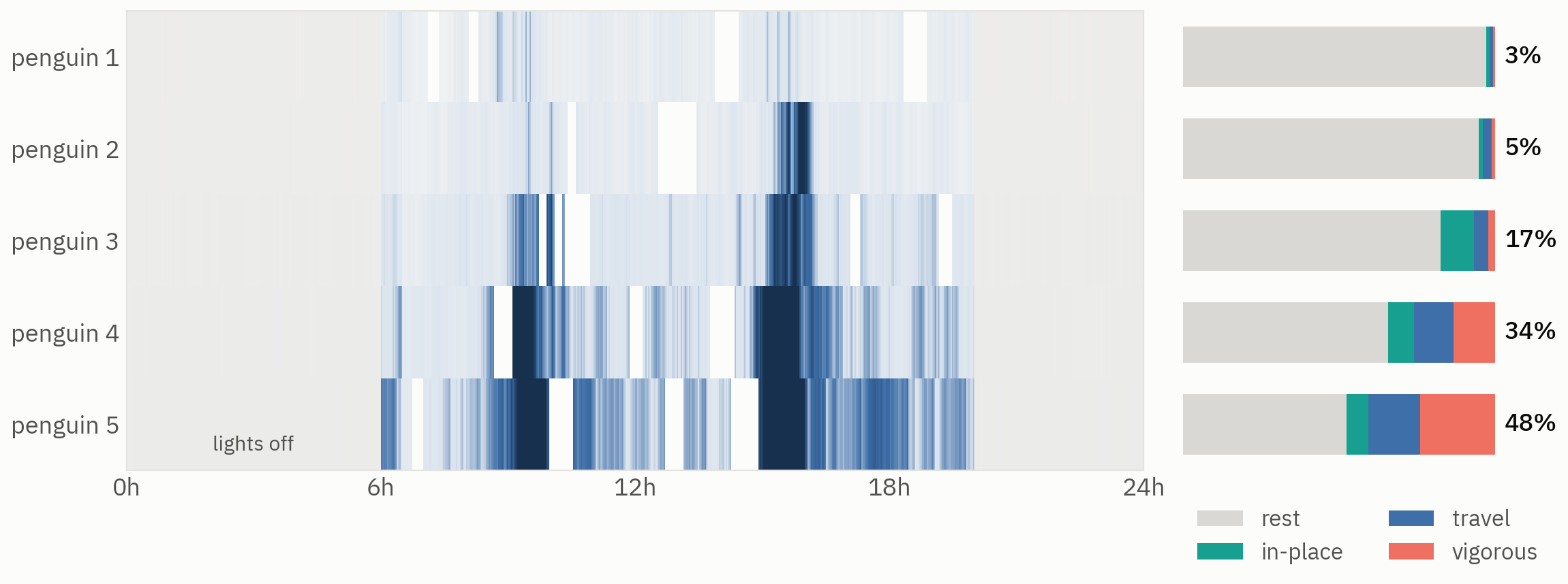 A day on the colony: one activity row per penguin from quiet to busy, with lights-off bands, feed-time peaks, and per-bird activity budgets